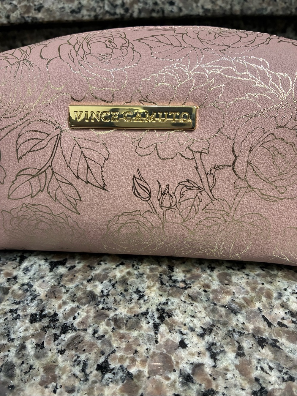 Vince Camuto Pink Floral Cosmetic Pouch with Gold Plaque